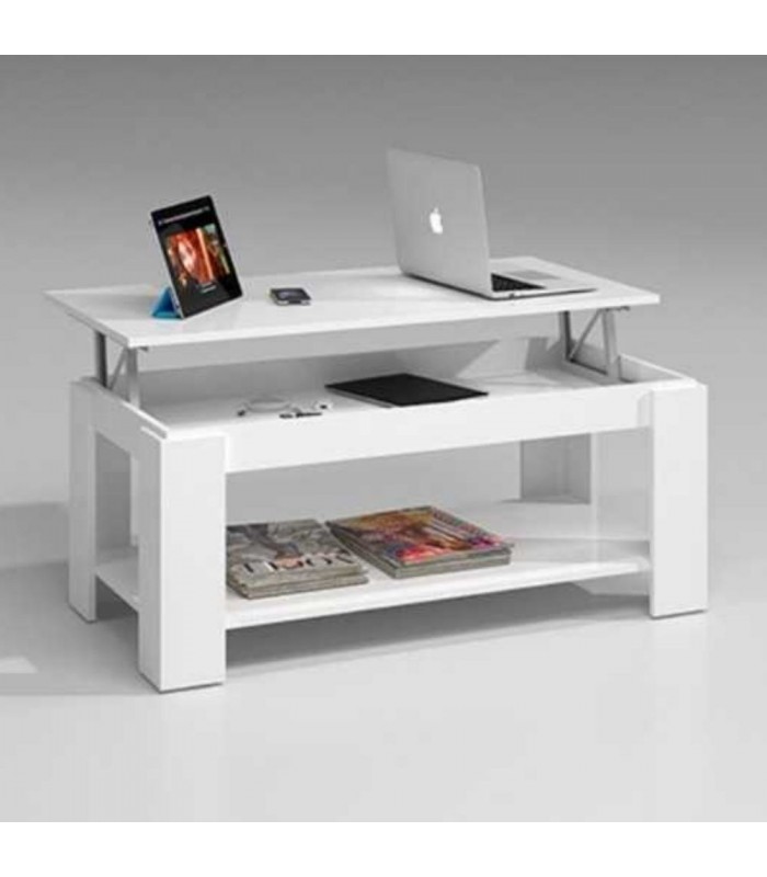 Mesa Centro Elevable con Revistero. Blanco Artik