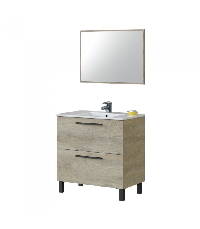 Mueble de Baño 2 Cajones y Espejo Con Lavabo. Roble Alaska