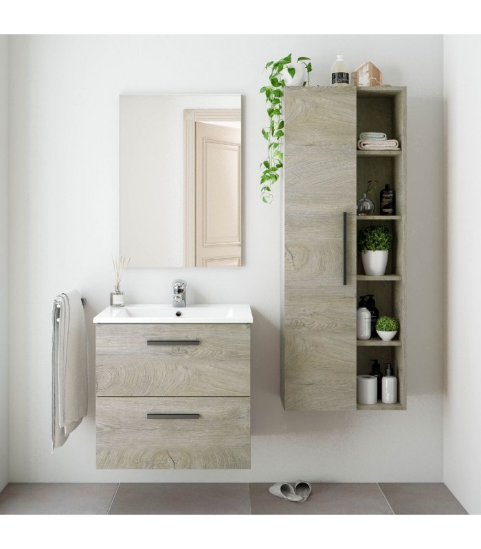 Mueble de Baño Colgante y Espejo Con Lavabo. Roble Alaska