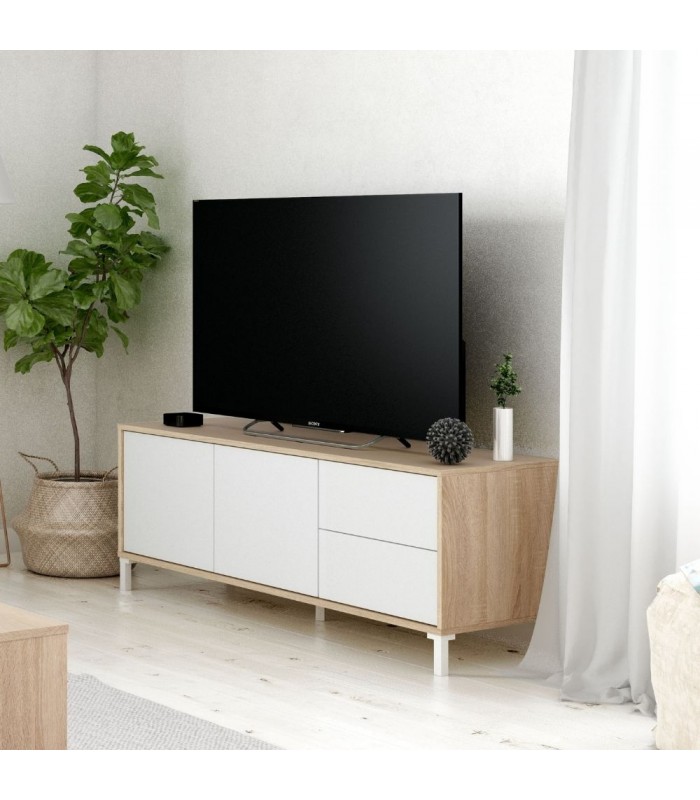 Mesa Tv 130 cm 2 Puertas 2 Cajones. Blanco Artik/Roble Canadian