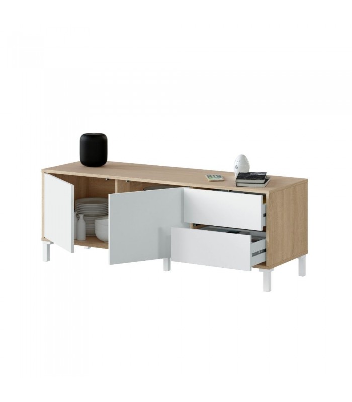 Mesa Tv 130 cm 2 Puertas 2 Cajones. Blanco Artik/Roble Canadian