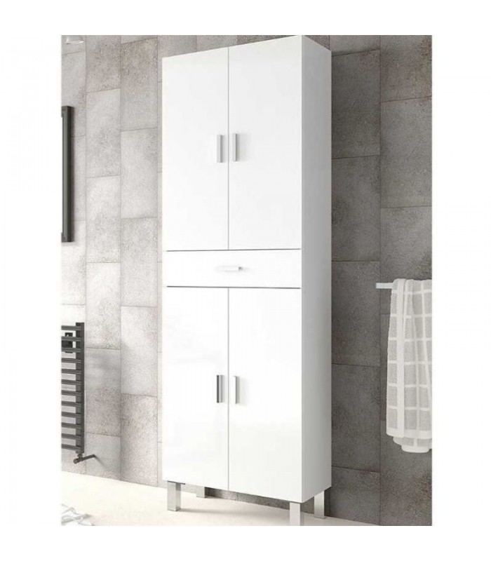 Mueble Columna de Baño Alta. 4 Puertas y 1 Cajon. Blanco Brillo