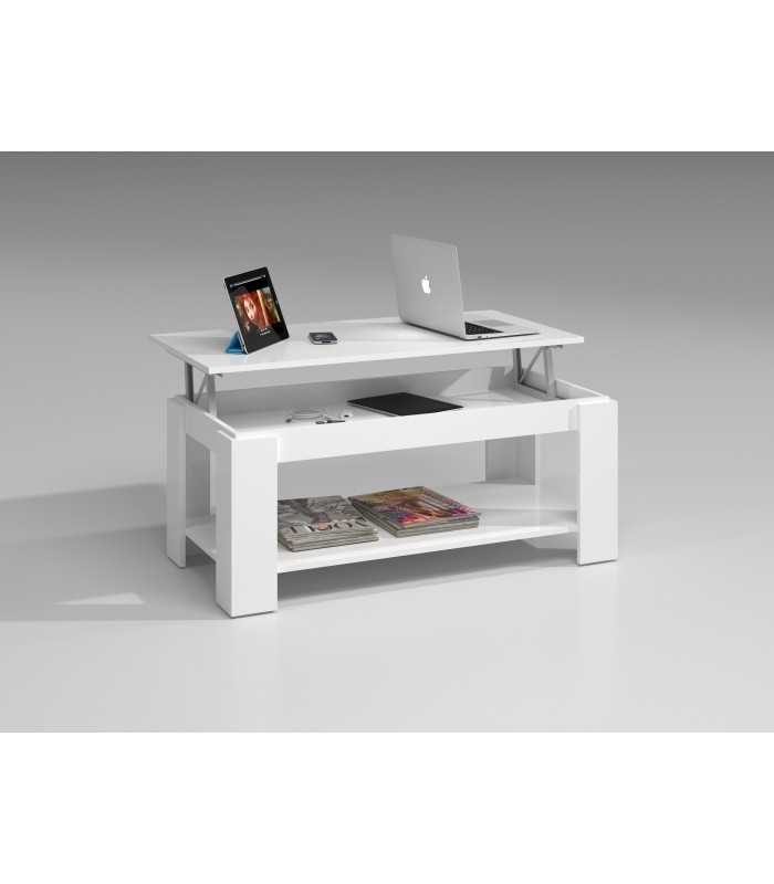 Mesa de Centro Elevable con Revistero para Comedor Sala Salón, En Blanco