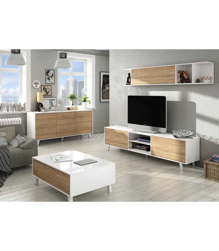 Aparador buffet salón comedor 3 puertas, color Blanco Brillo y Roble