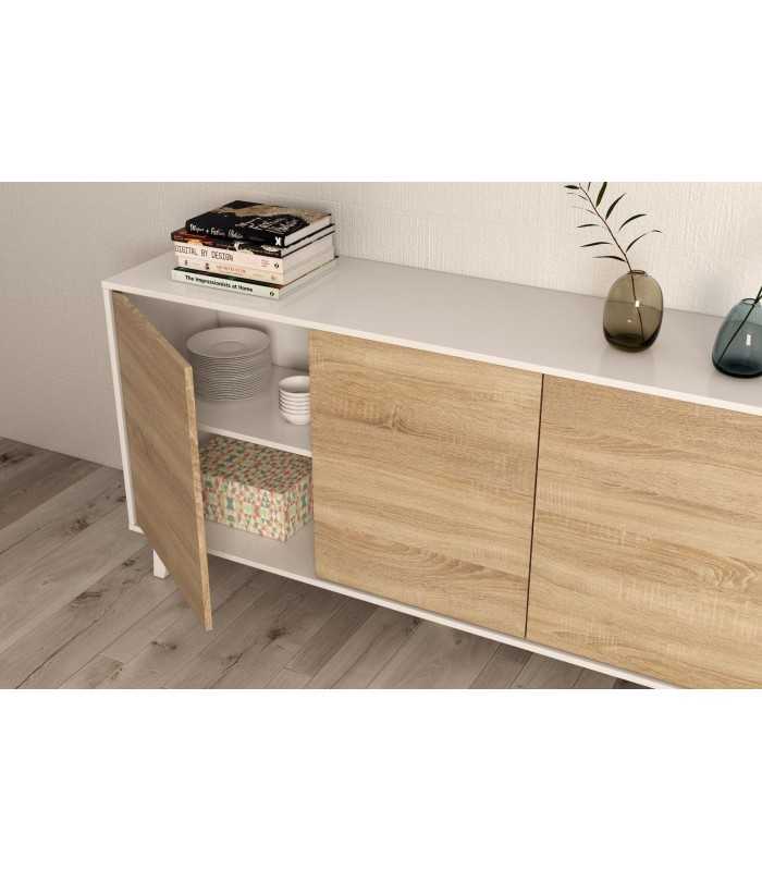 Aparador buffet salón comedor 3 puertas, color Blanco Brillo y Roble