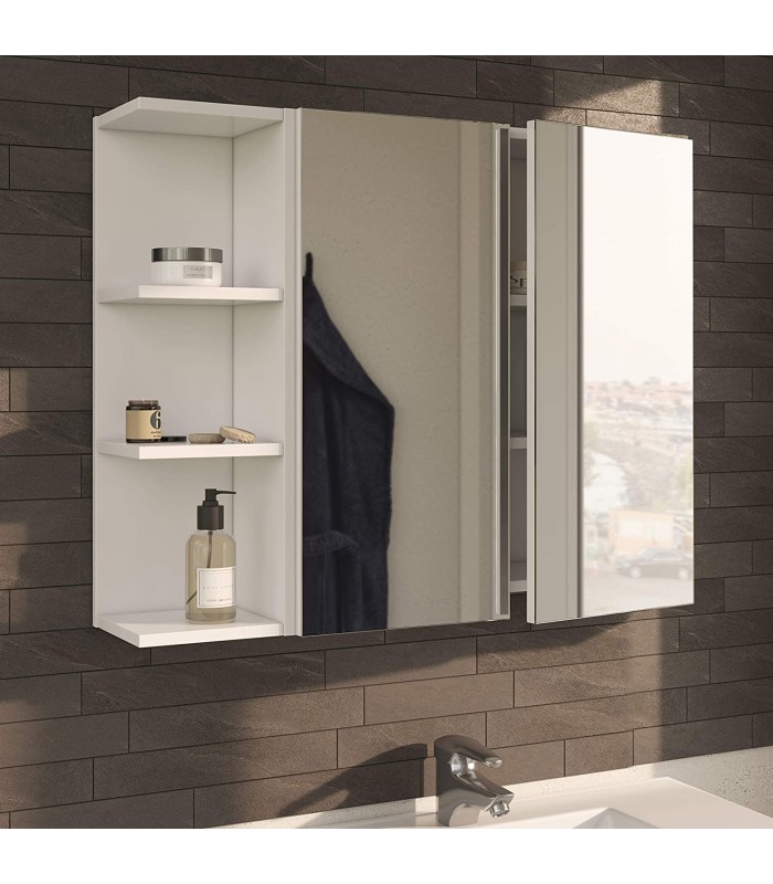Mueble Estante de Baño Camerino 2 Puertas Batientes con Espejo en Blanco Brillo